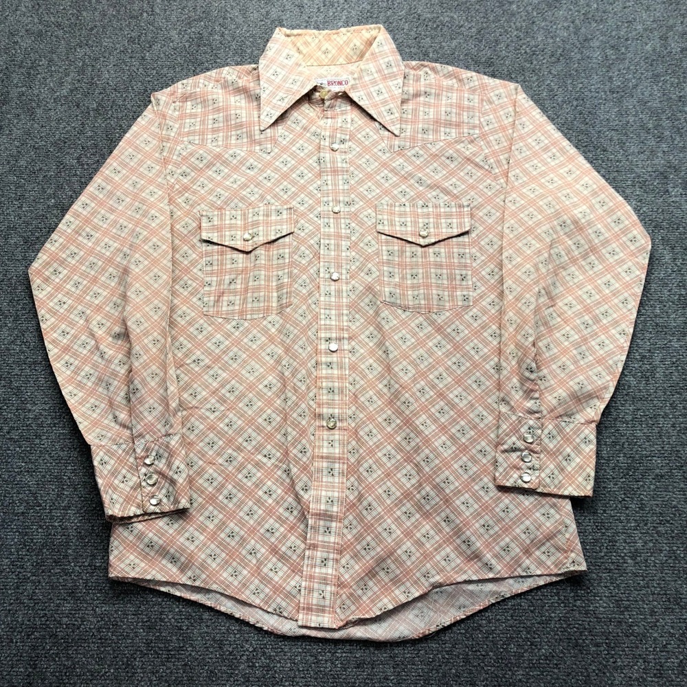 Vintage Bronco Mens Western Pearl Snap Shirt Orange Plaid Medium USA Made